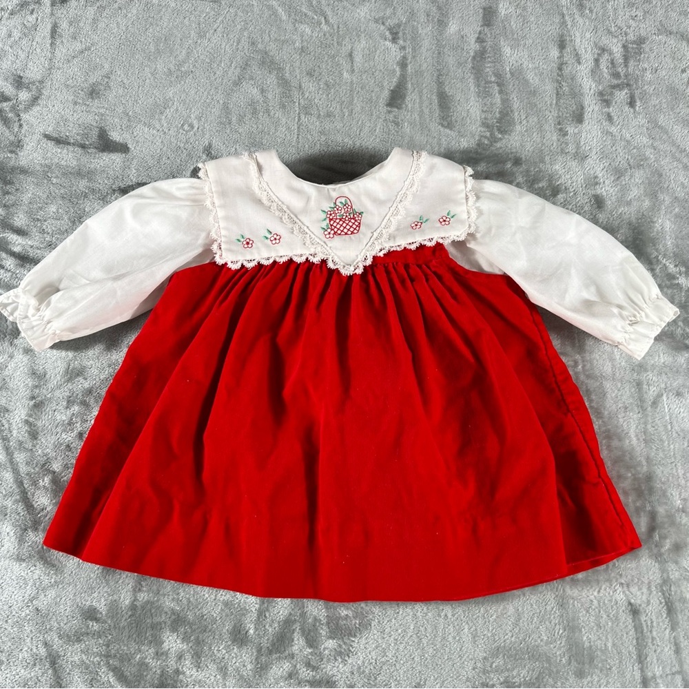 Vintage Baby Girl 2 Piece Red Velvet Dress 6-9m Lace Smocked Collar Embroidered